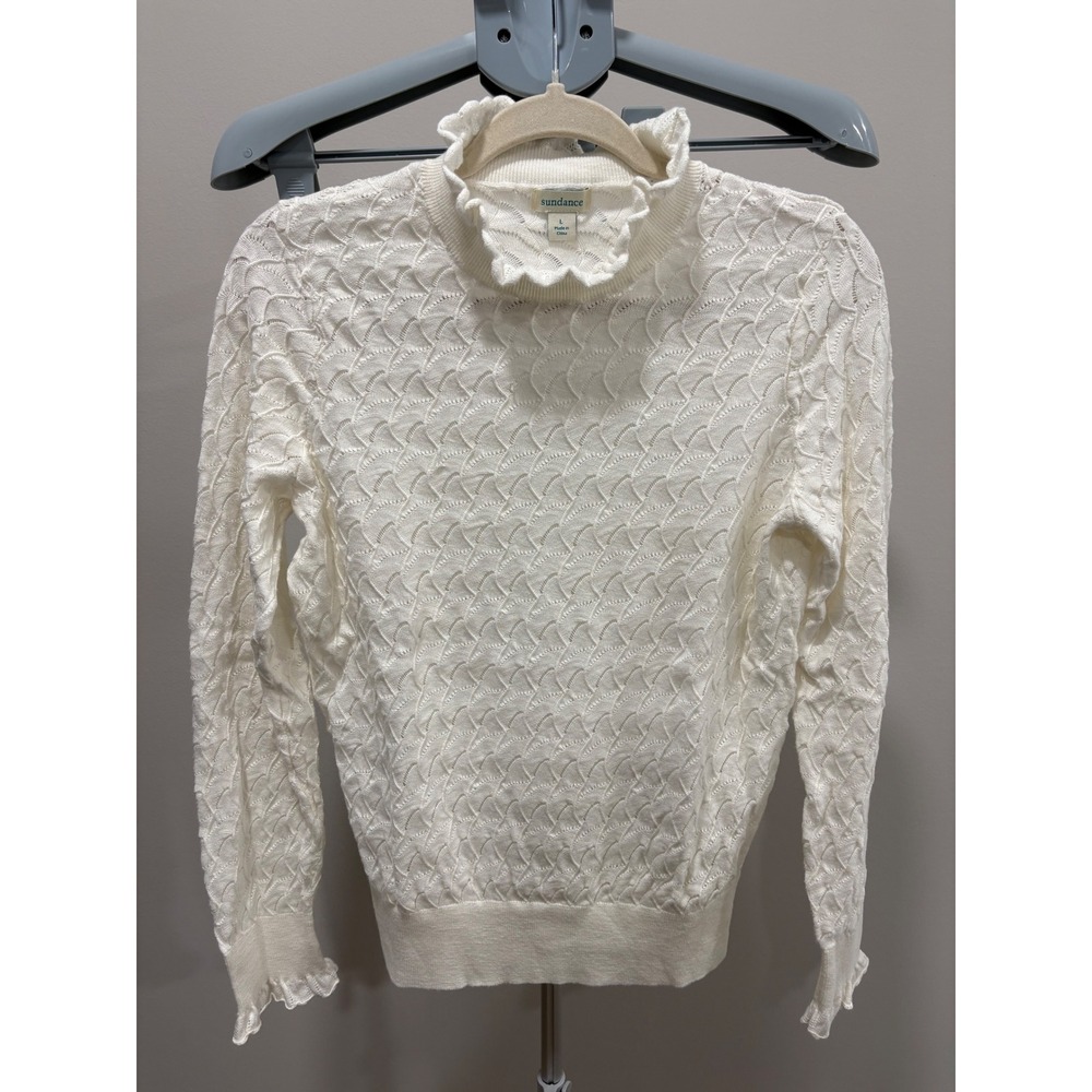 Sundance Ruffle Mock Neck Open Knit Cotton Modal Cream Sweater Size Large